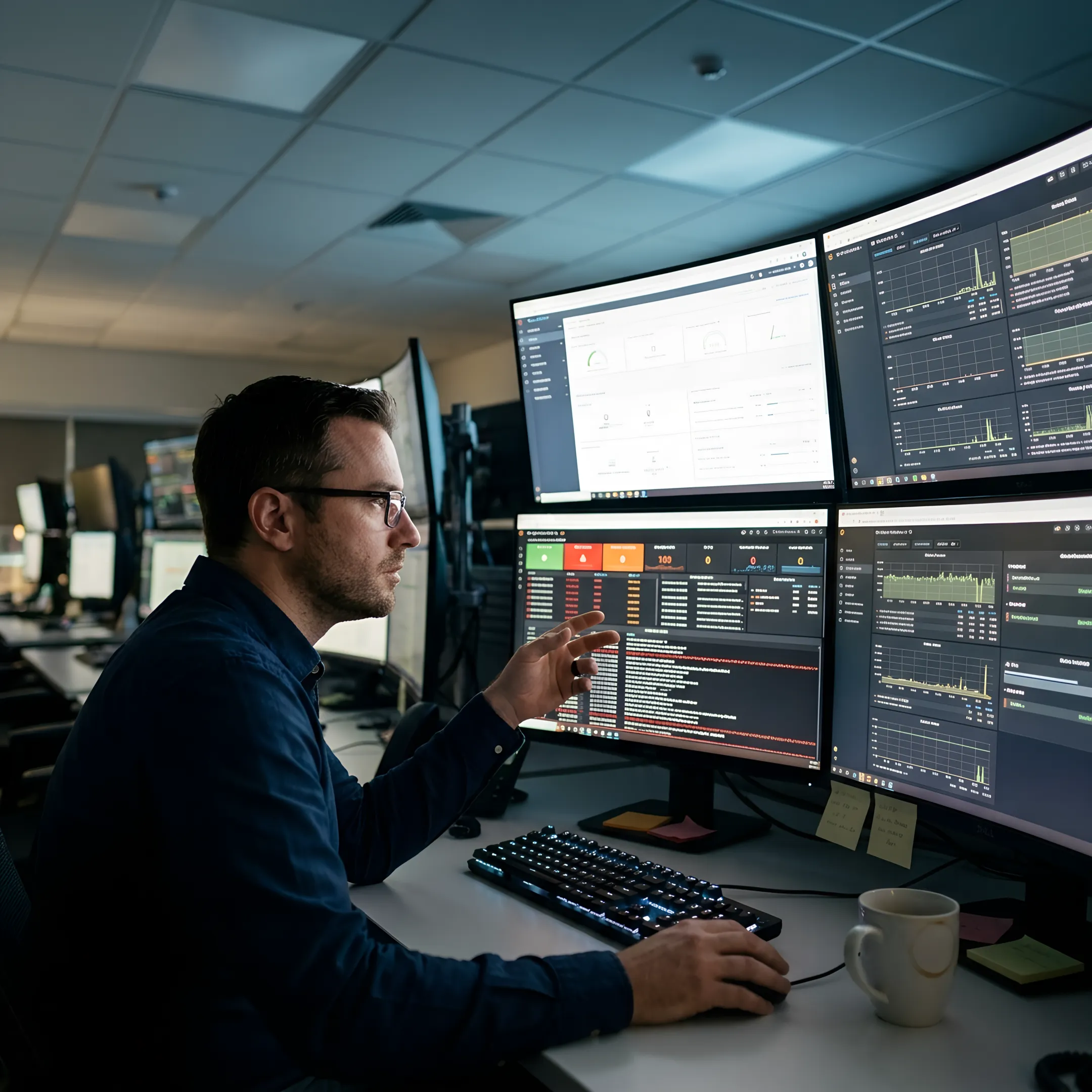 Engineer reviewing managed IT monitoring dashboards