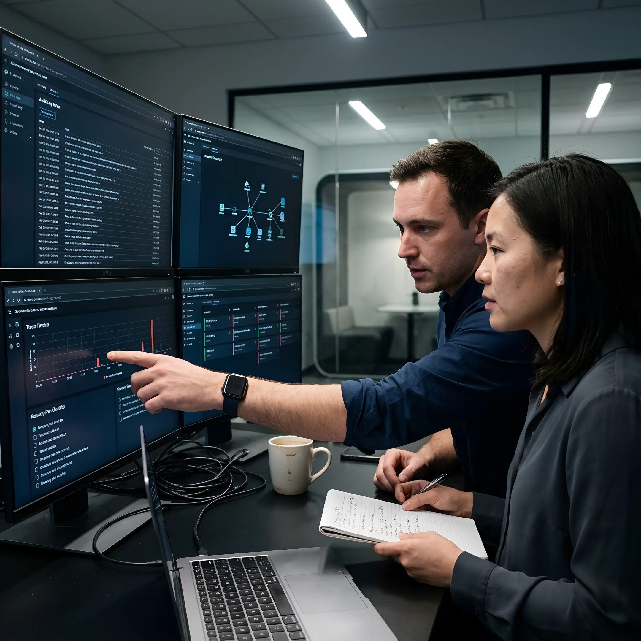 Incident response team reviewing cybersecurity recovery steps