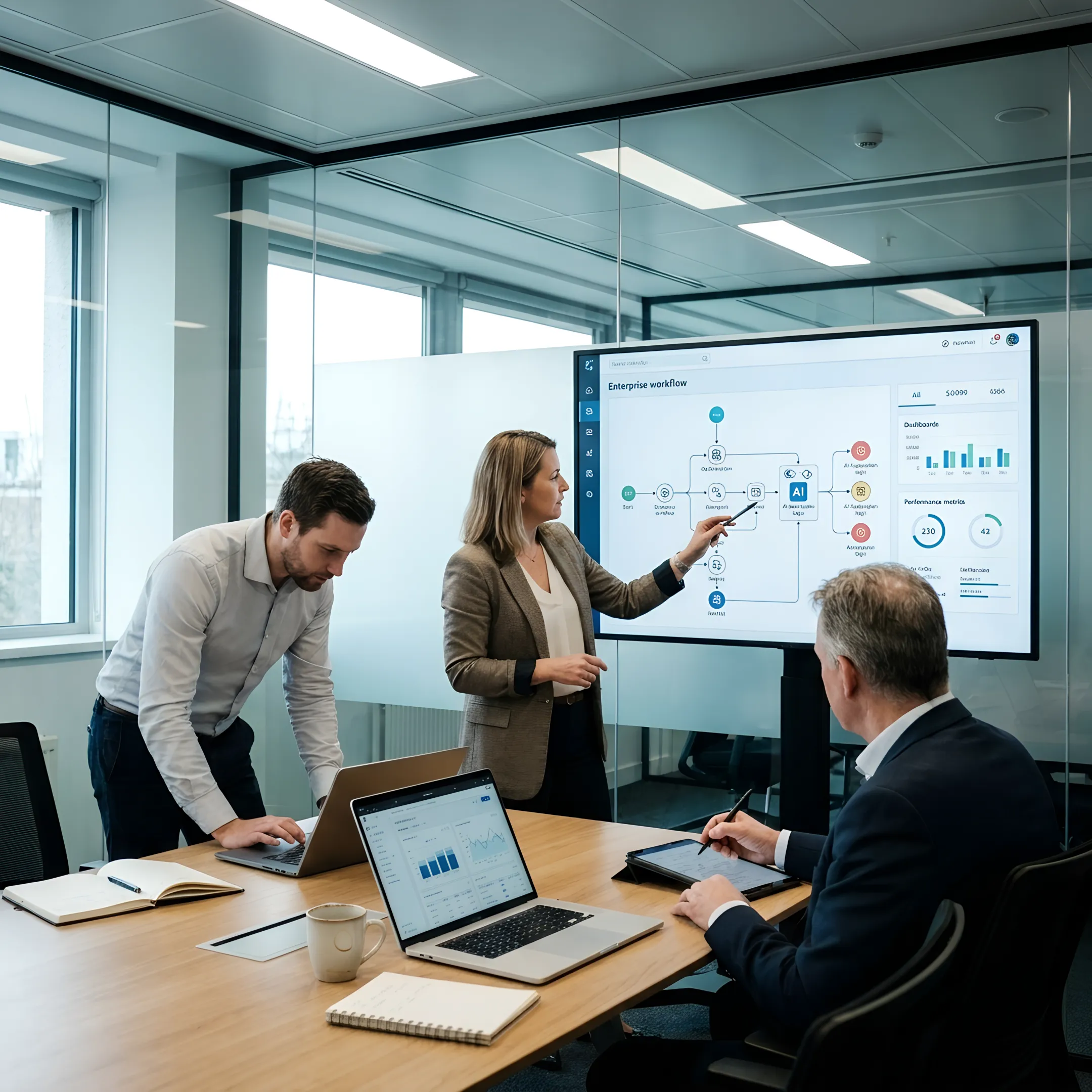 Consultants mapping enterprise automation process steps