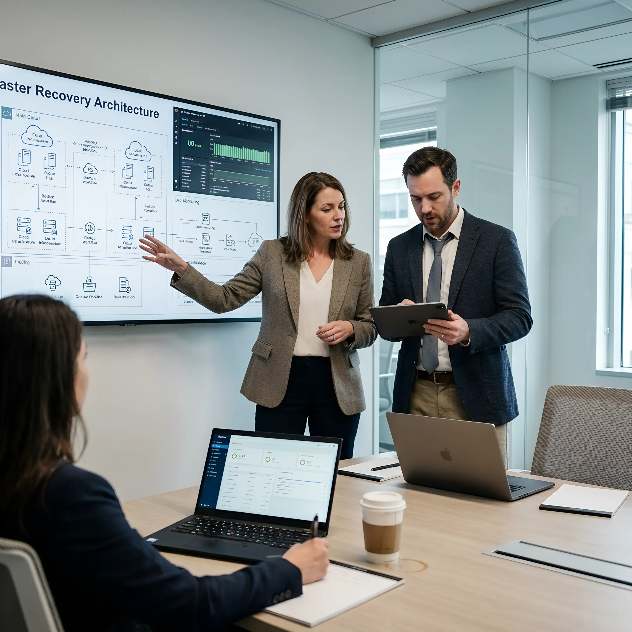 IT recovery planning session with cloud architecture diagrams