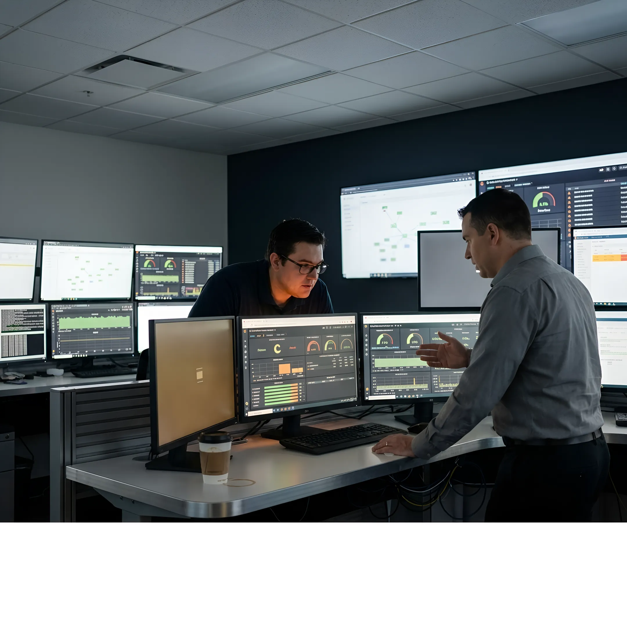 Business continuity team monitoring disaster recovery systems