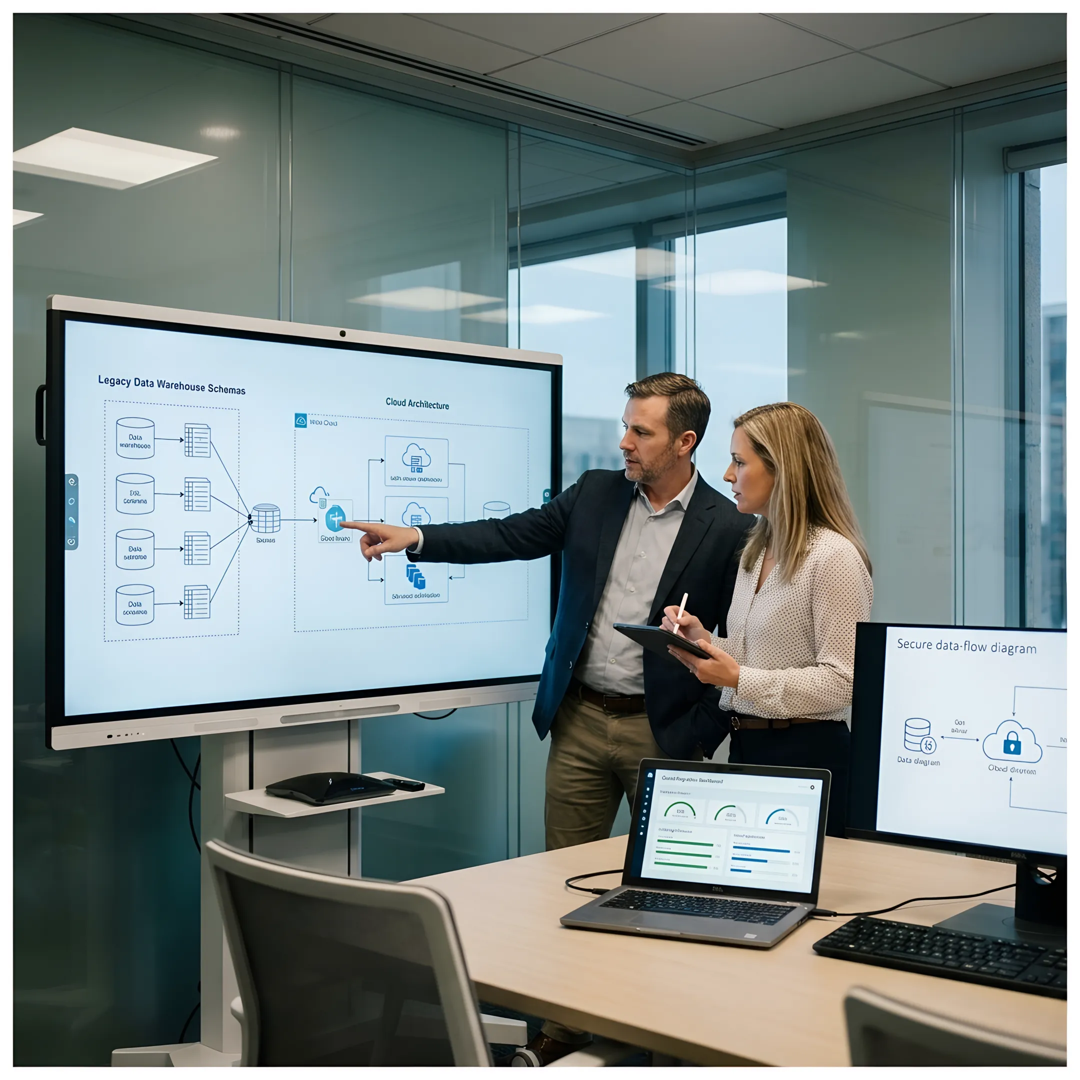 Consultants mapping a legacy warehouse to cloud architecture
