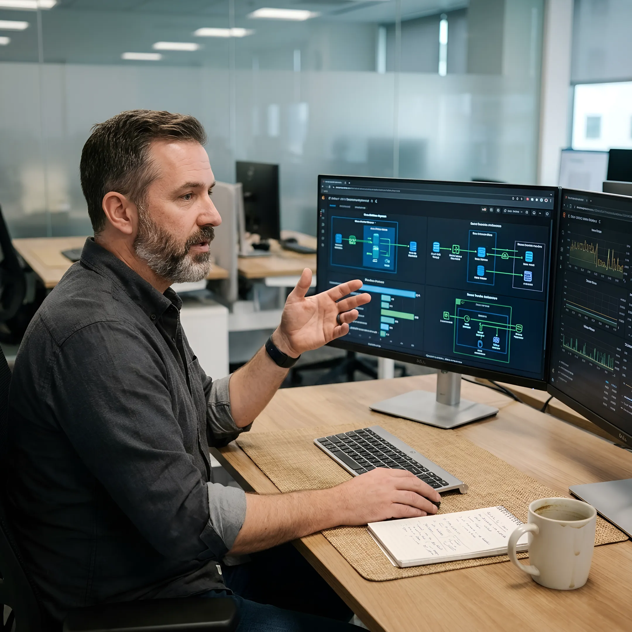 Enterprise data migration team reviewing cloud platform architecture