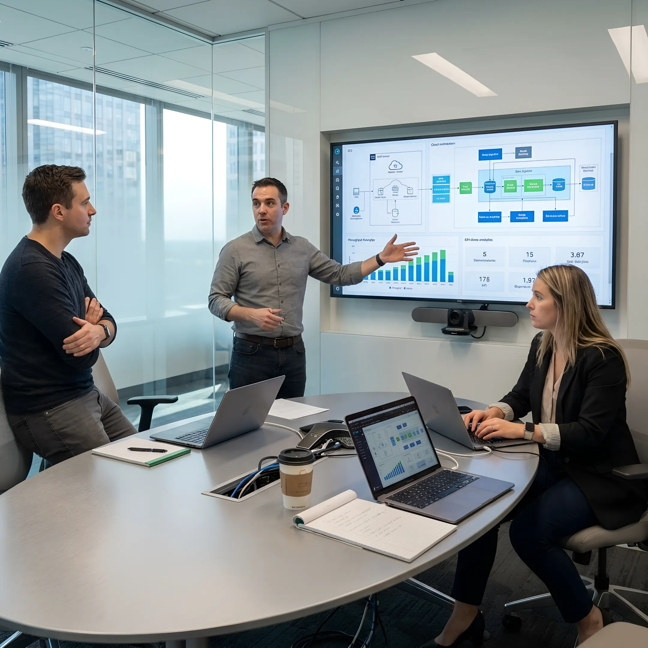 Enterprise data warehouse modernization team reviewing cloud analytics dashboards