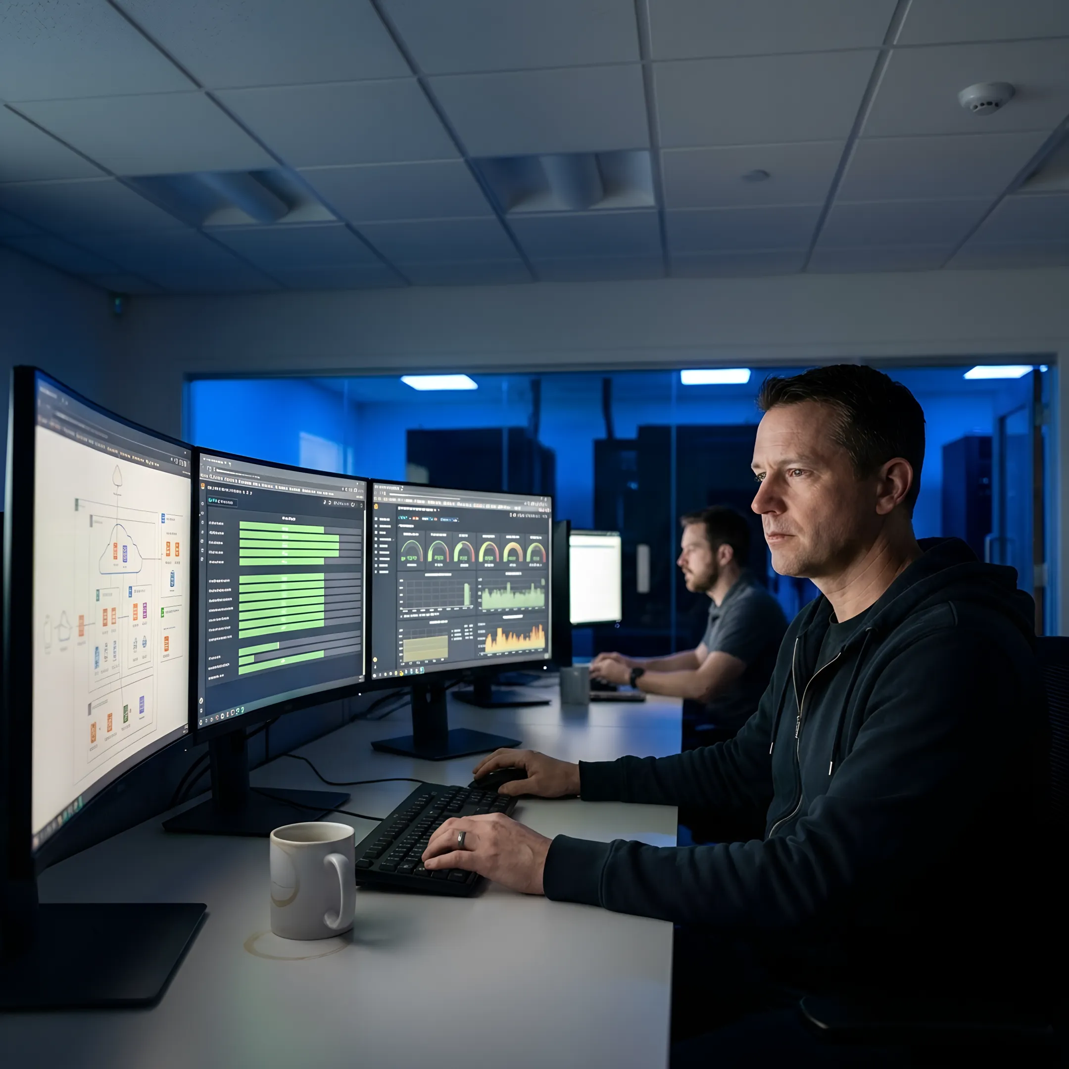 Cloud engineers reviewing infrastructure operations dashboards