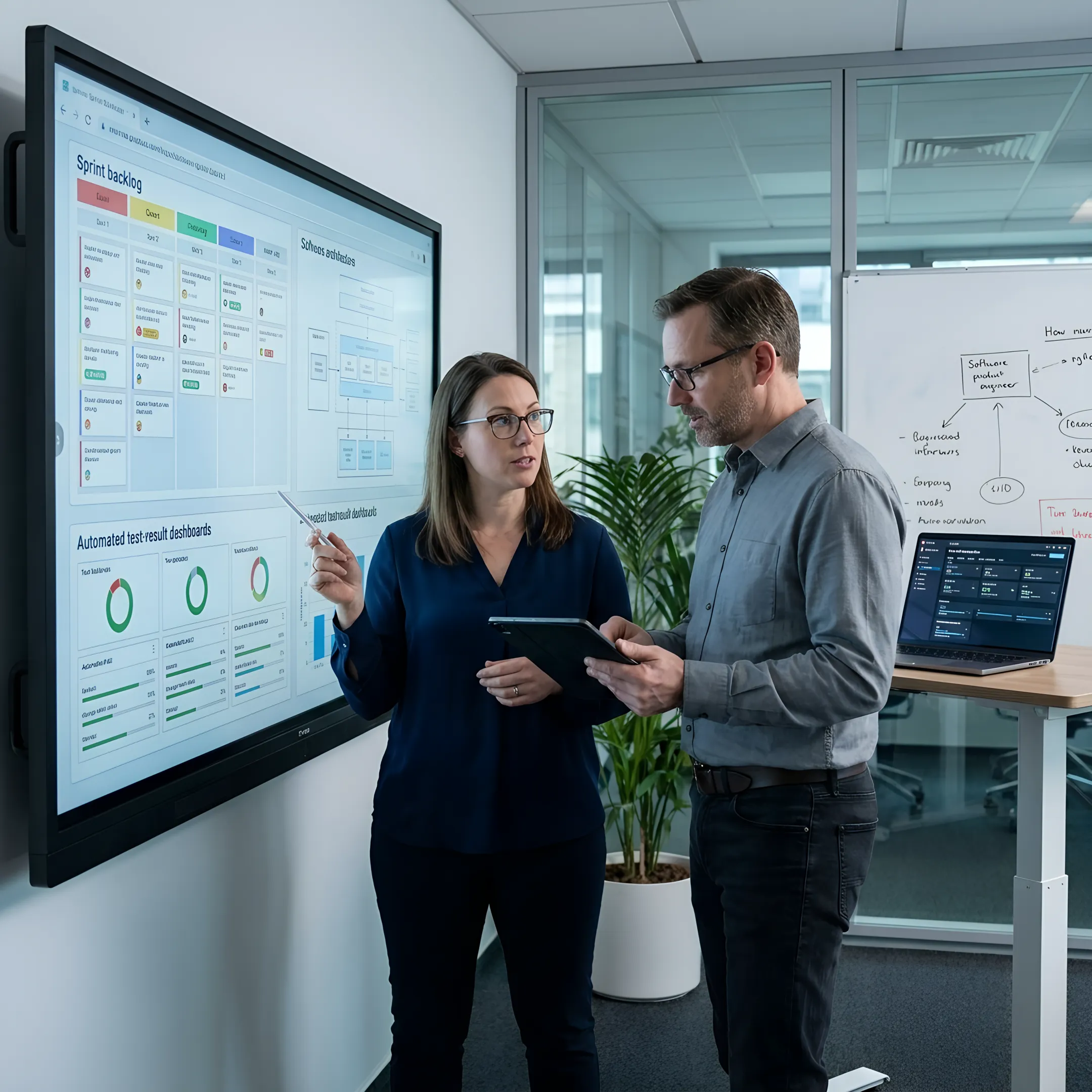 Product engineers reviewing sprint plans and release metrics