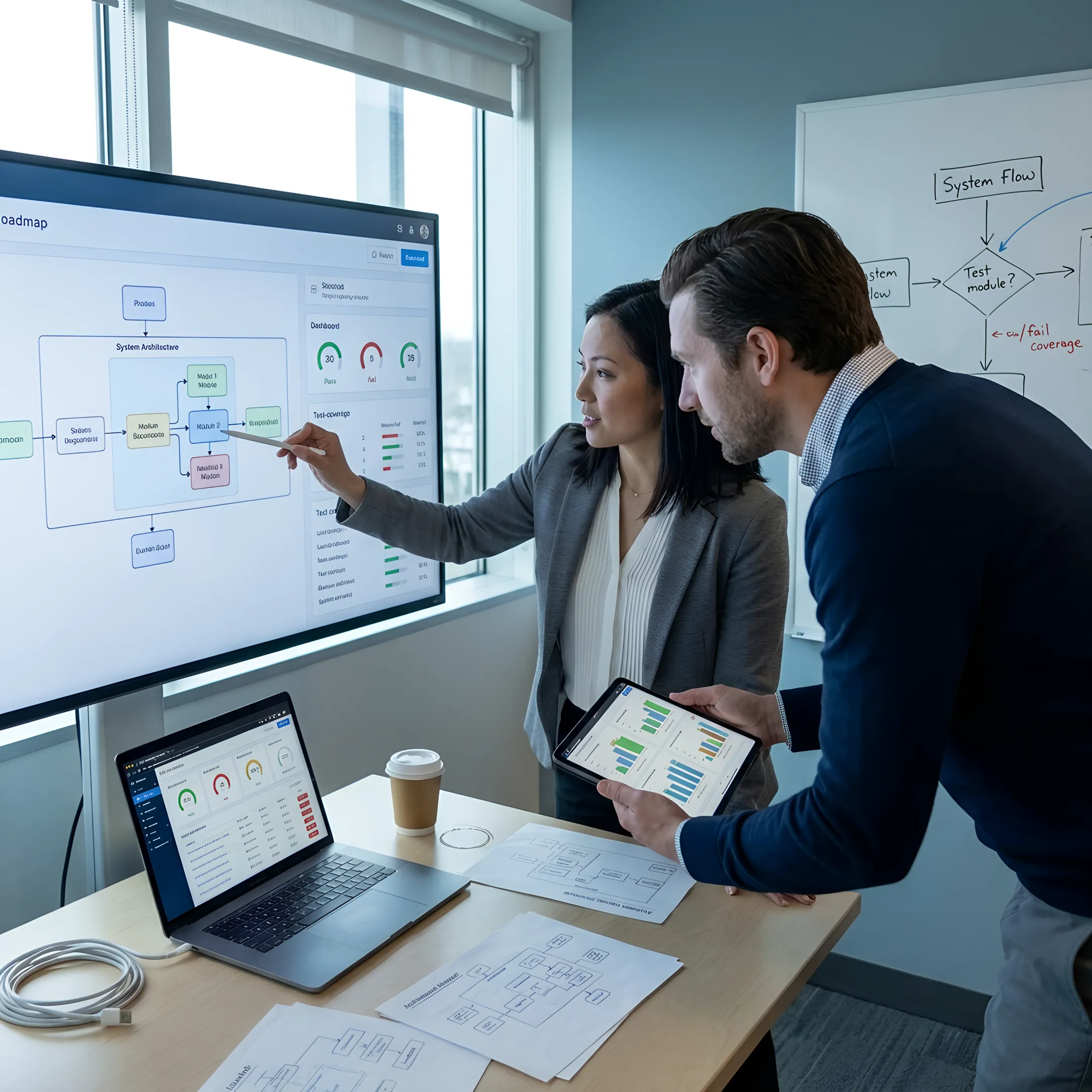 Product engineering specialists reviewing a software roadmap