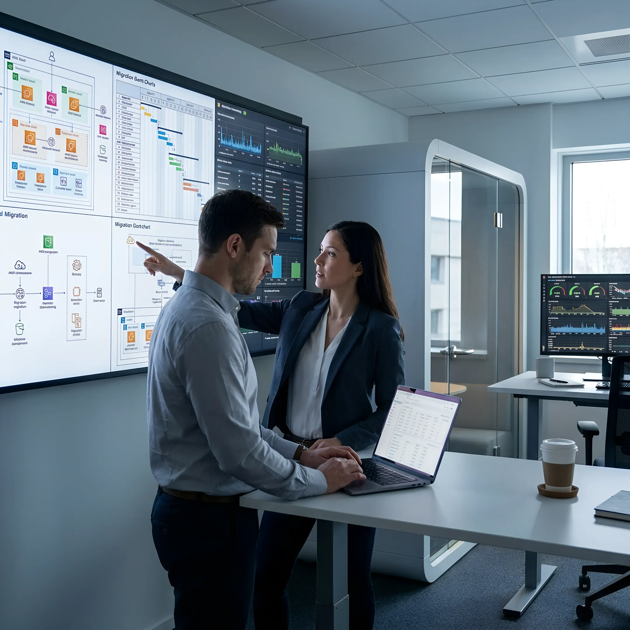 Cloud modernization engineers reviewing enterprise migration dashboards