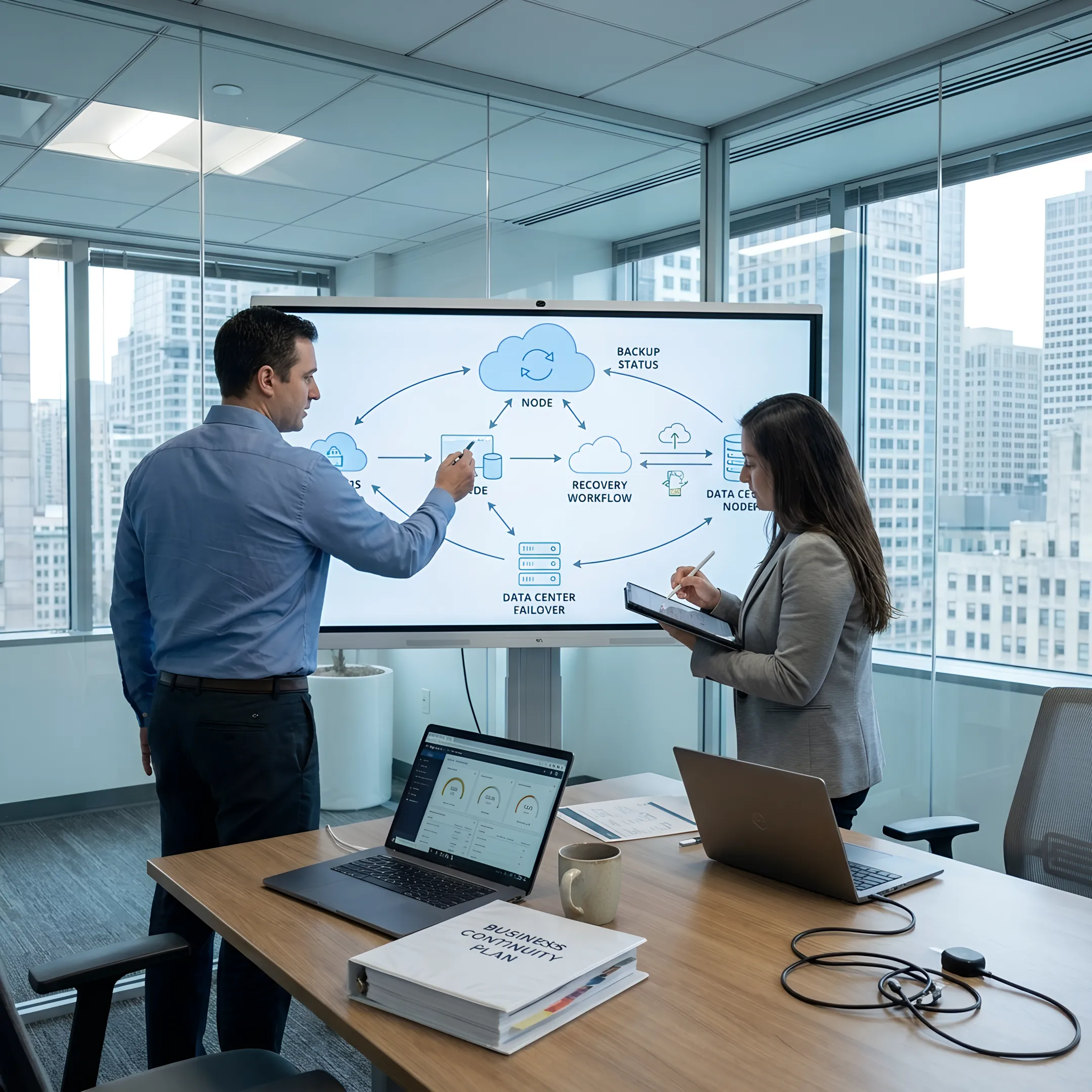 Consultants mapping disaster recovery workflows and cloud failover plans