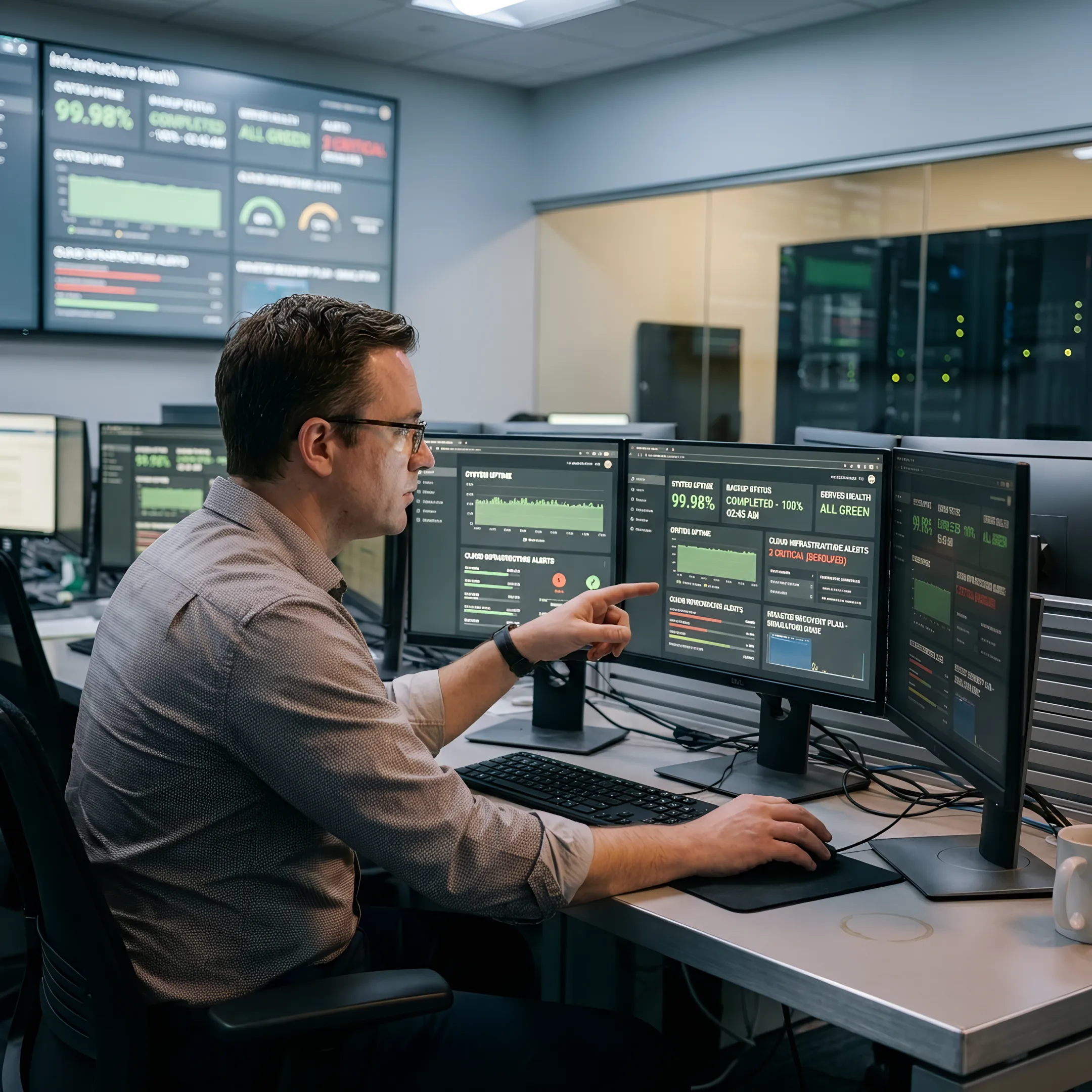 IT engineer reviewing disaster recovery dashboard