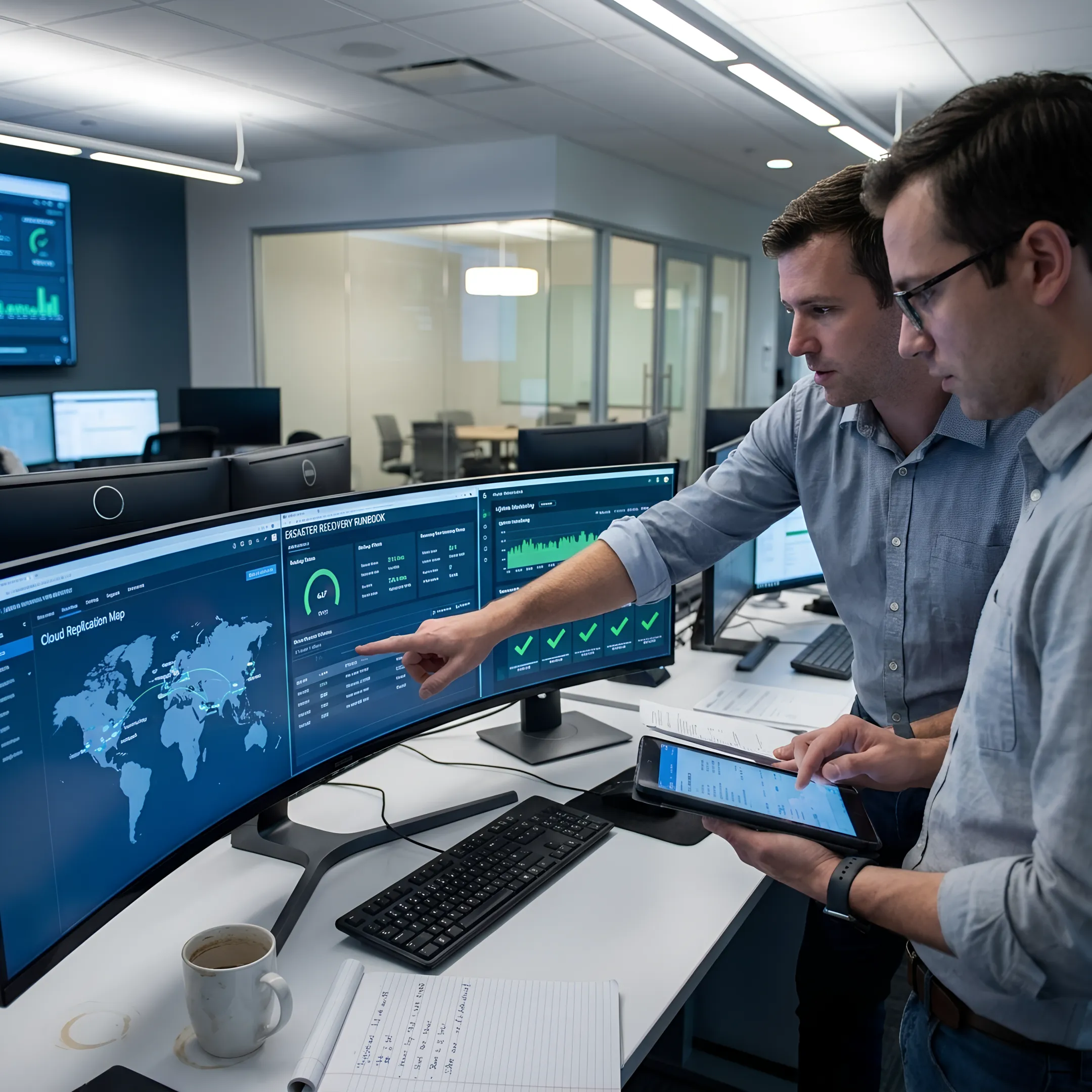 IT team reviewing disaster recovery plan and backup status