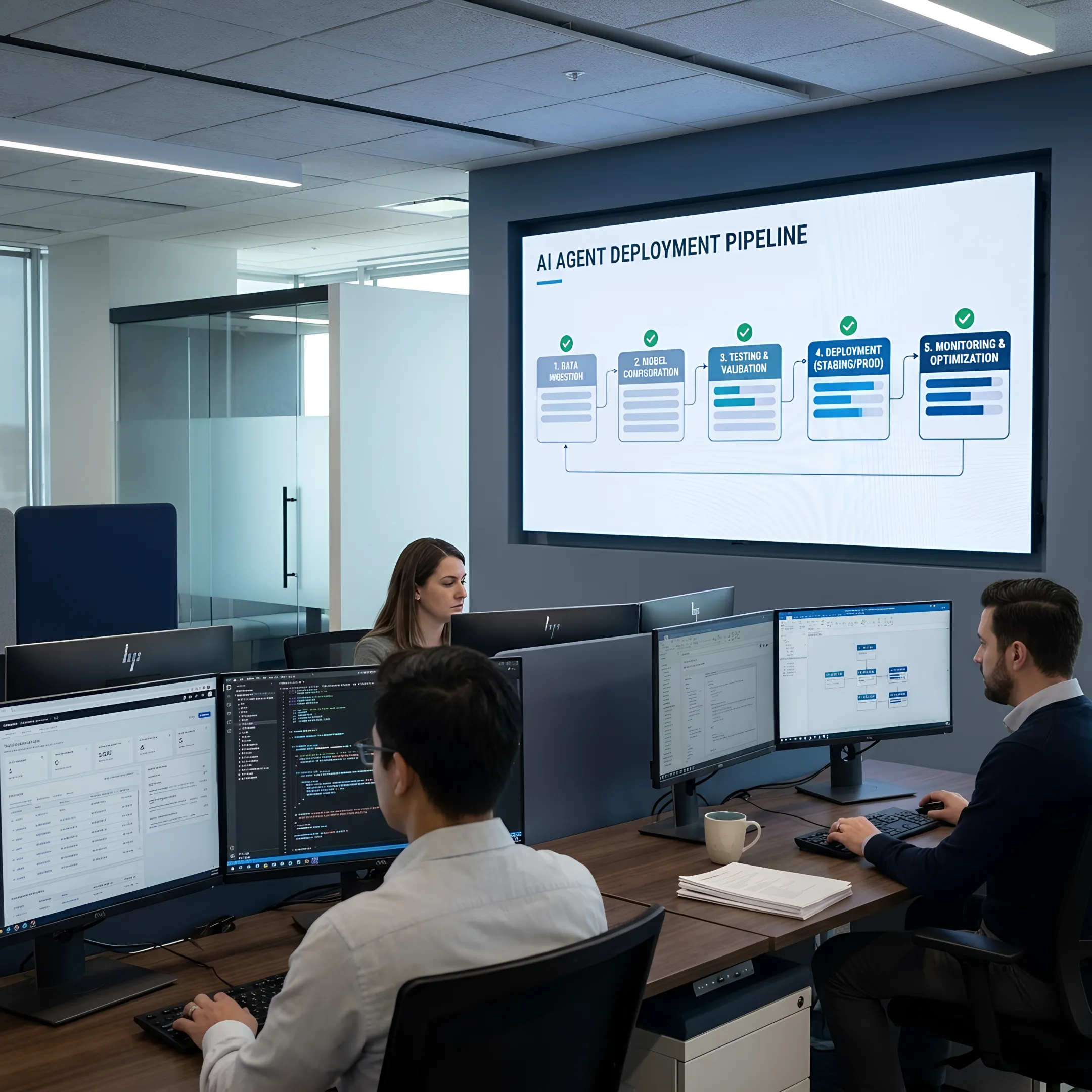 BPO team and AI systems collaborating through a structured agent deployment workflow