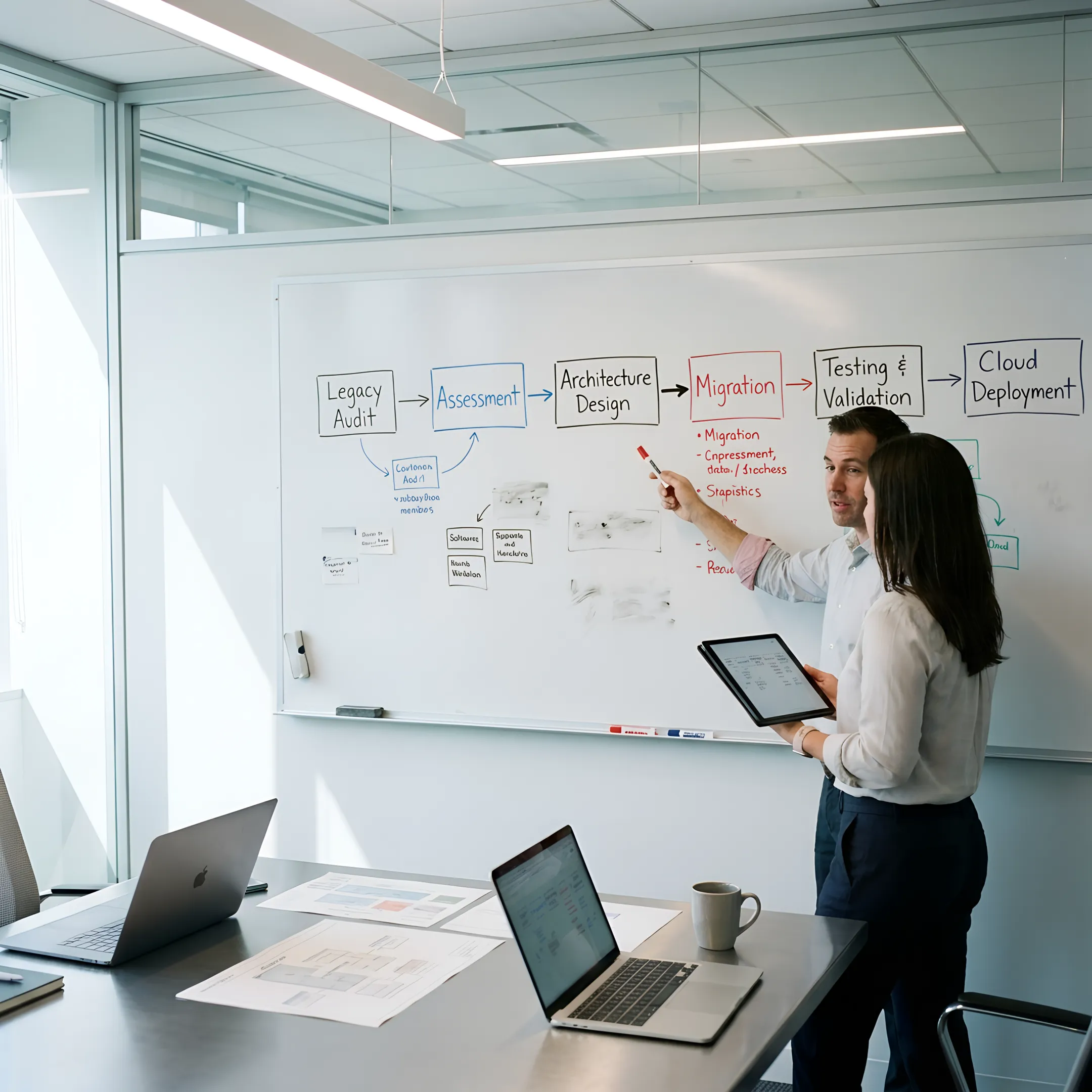 Software modernization process flow showing legacy system assessment through to cloud-native deployment