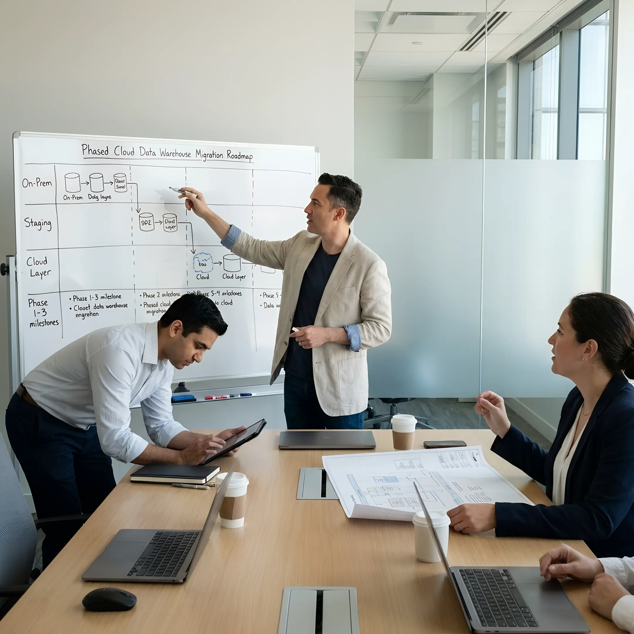 Data architect presenting a cloud warehouse migration roadmap on a whiteboard to enterprise stakeholders