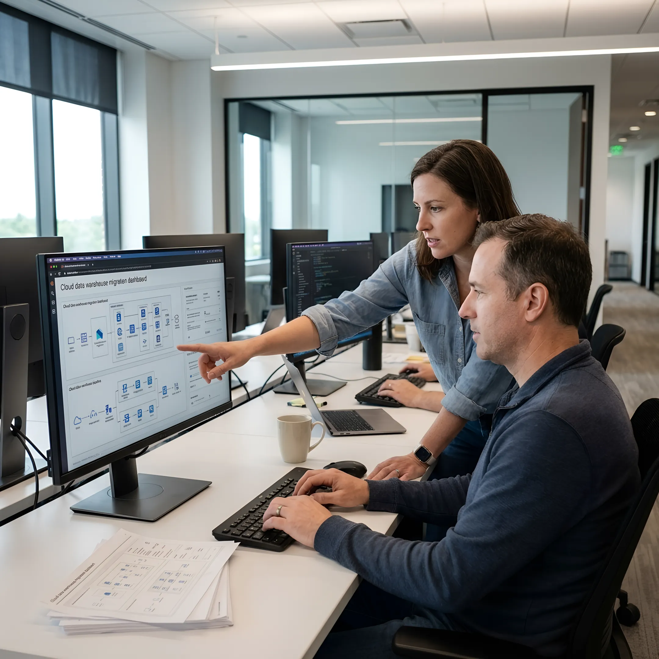 Data engineers modernizing a legacy data warehouse with cloud-native architecture on multiple screens