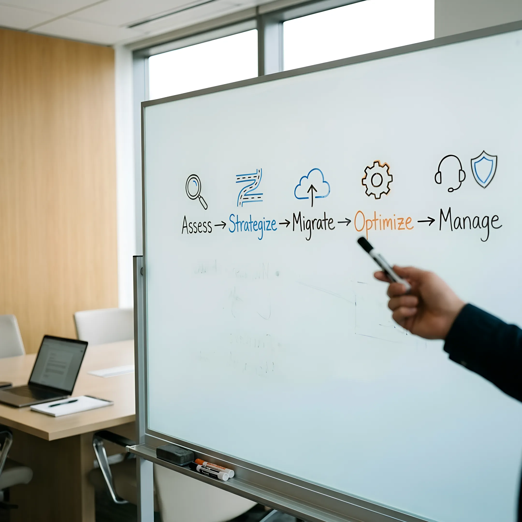 Cloud migration process flowchart showing phases from assessment to managed operations