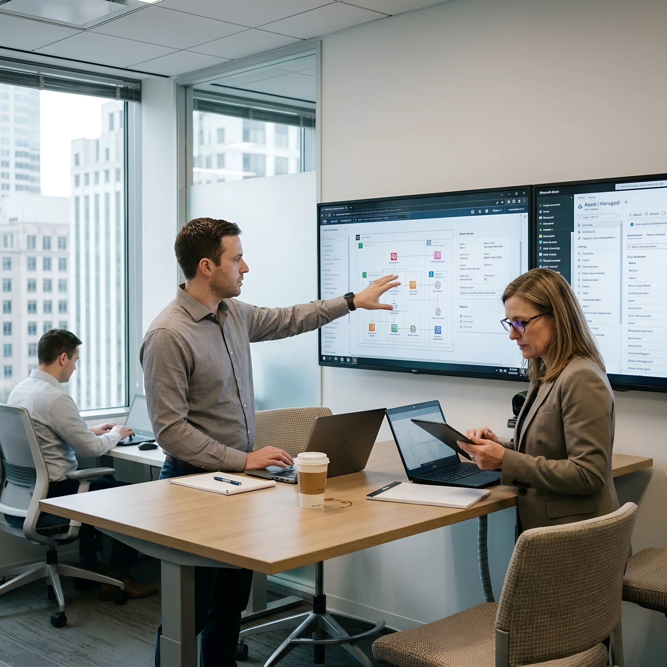 Cloud engineers reviewing multi-cloud architecture diagrams on AWS and Azure dashboards