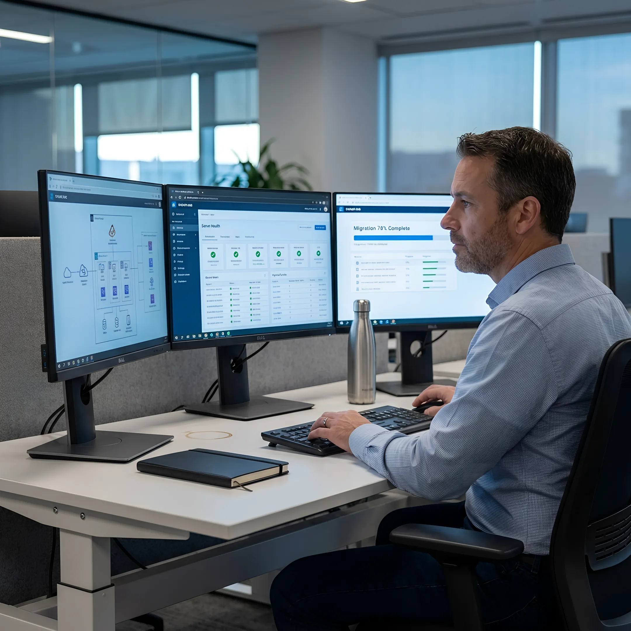 Enterprise cloud migration specialist configuring cloud infrastructure on a multi-screen workstation