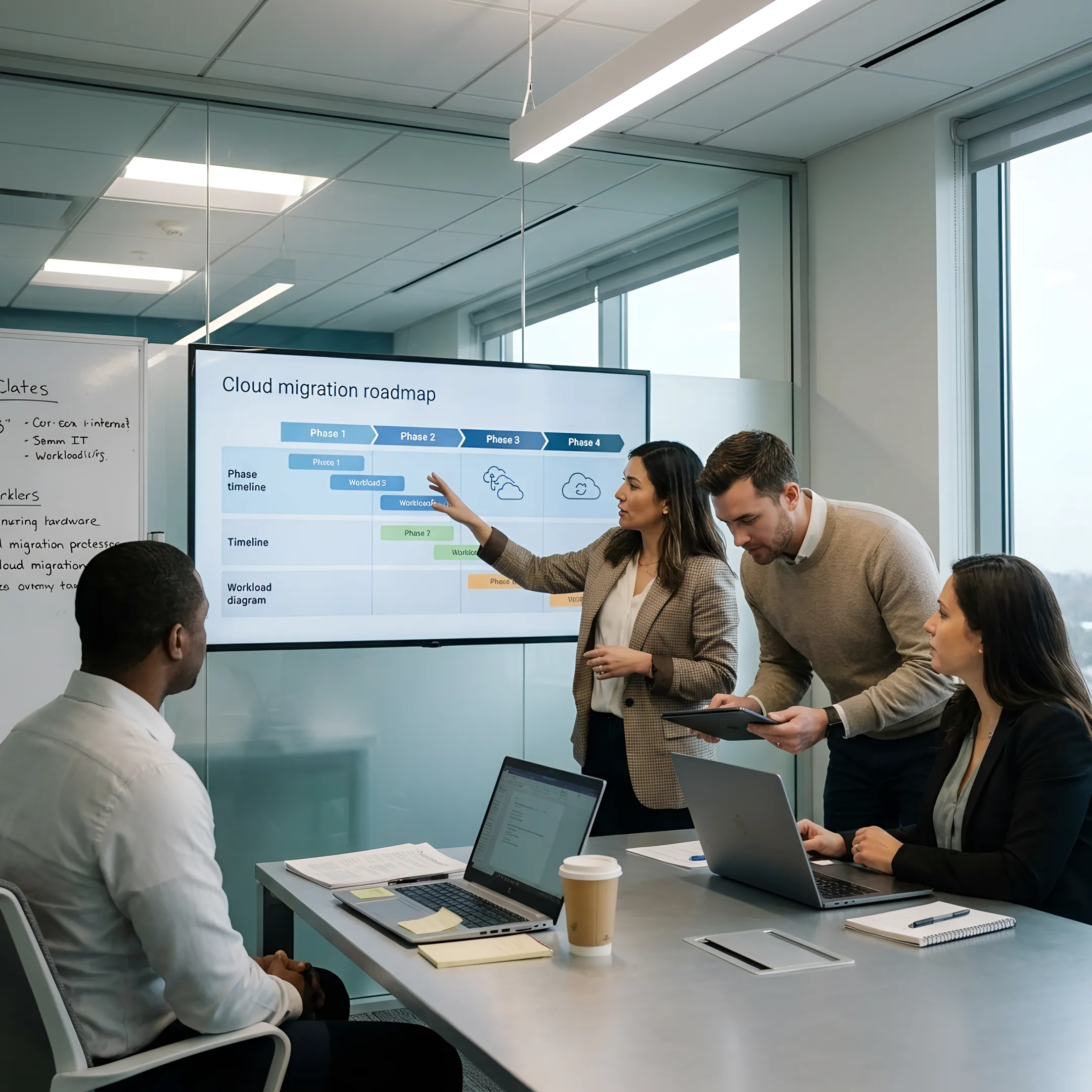 Cloud migration team reviewing a multi-phase project roadmap on a digital display