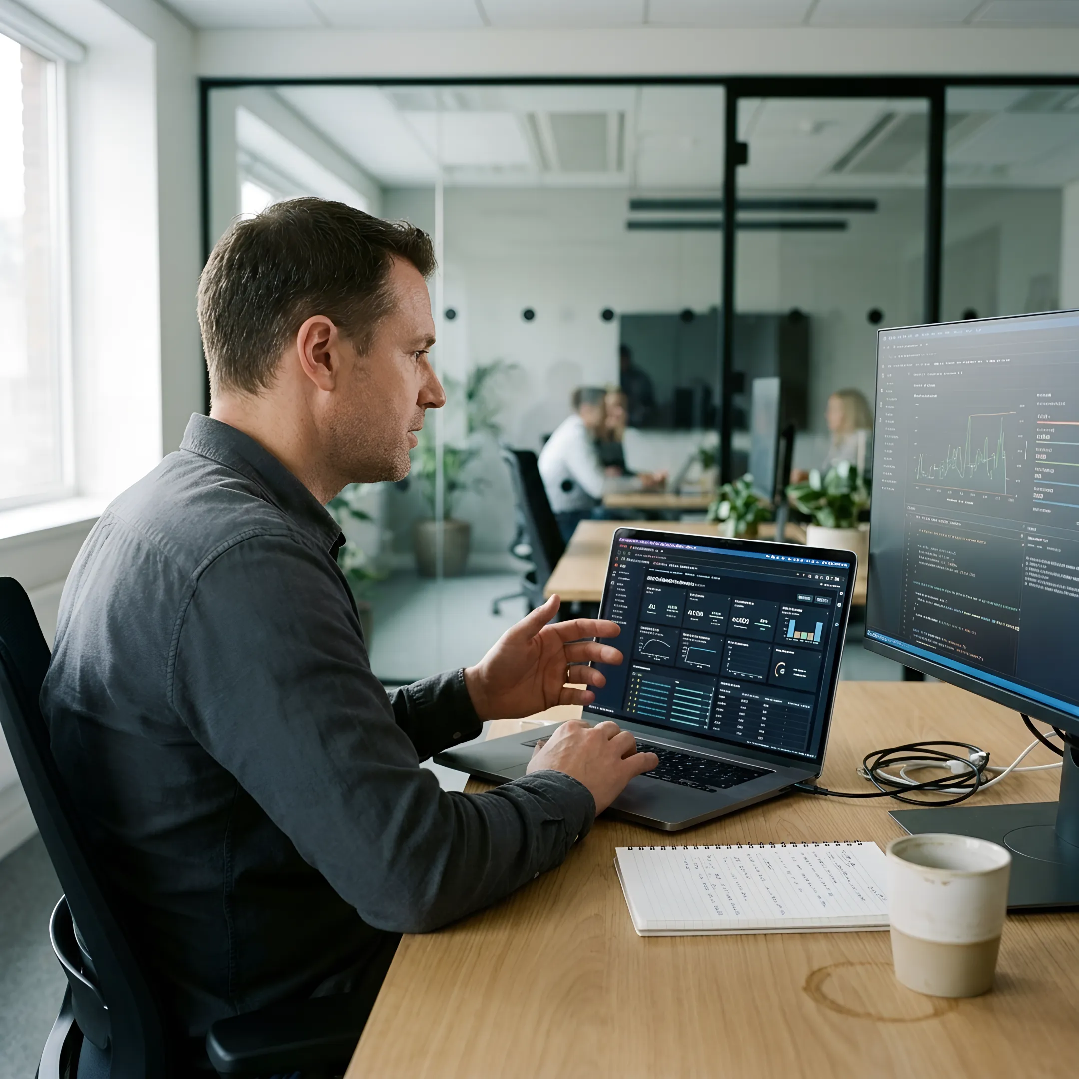 AWS SageMaker consultant reviewing ML model deployment dashboard on a laptop in a modern enterprise office