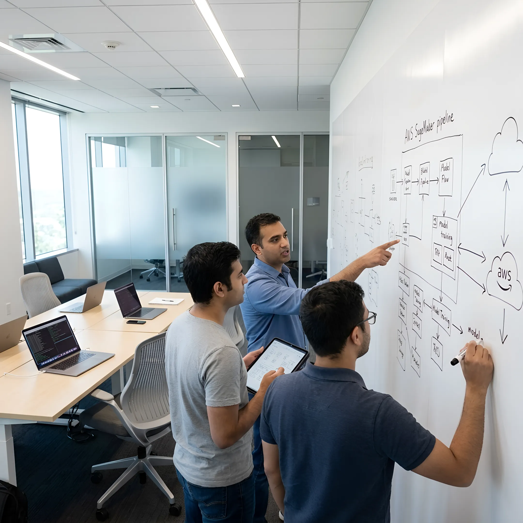 AWS SageMaker consulting team collaborating on ML pipeline architecture diagram in a tech workspace