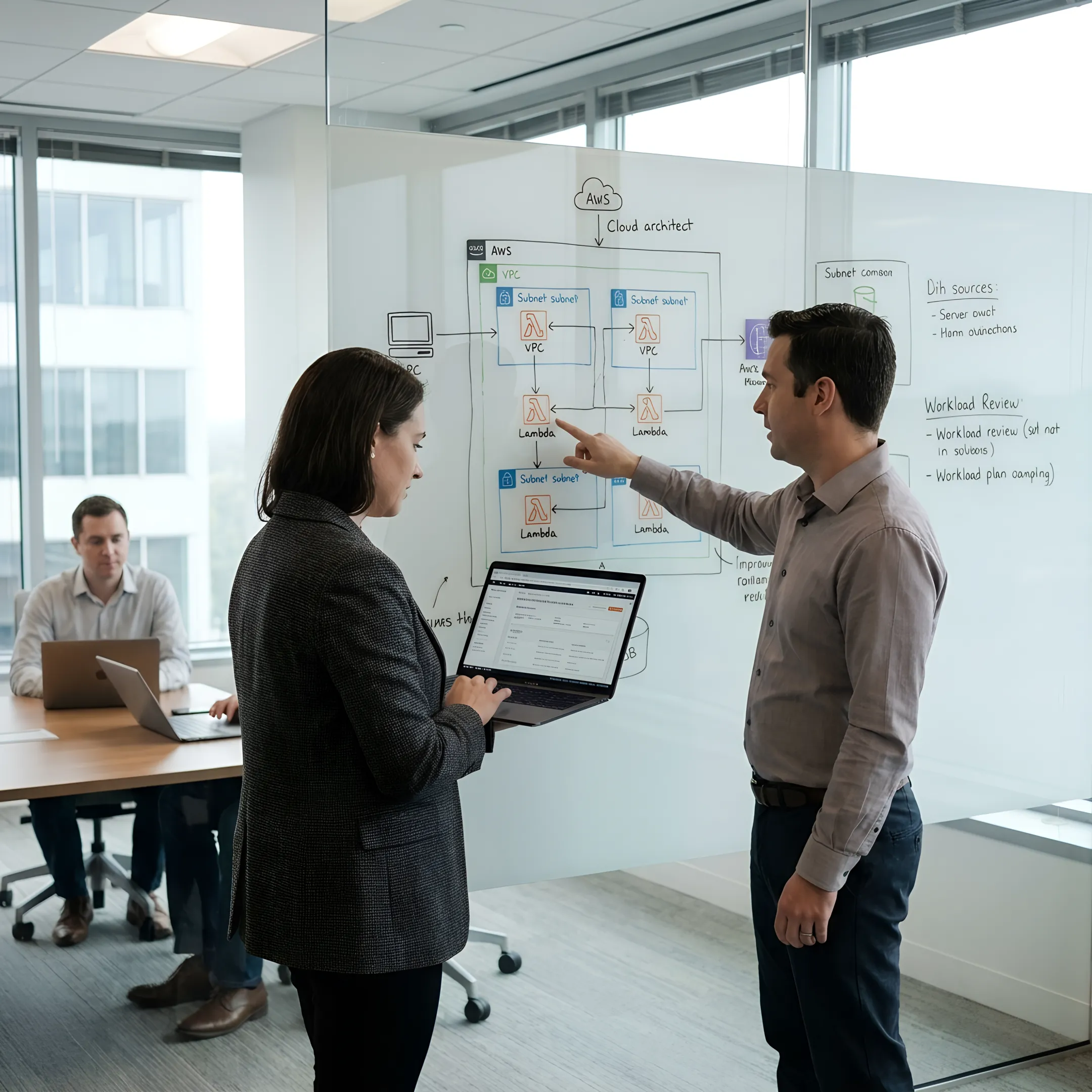 Cloud engineers working through an AWS Well-Architected review process on a whiteboard
