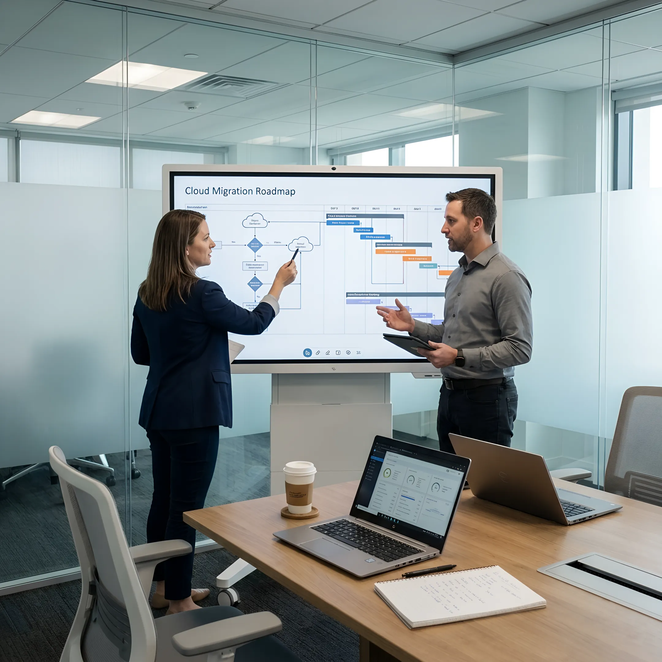 Cloud modernization consulting process steps displayed on a digital whiteboard in an enterprise IT planning session