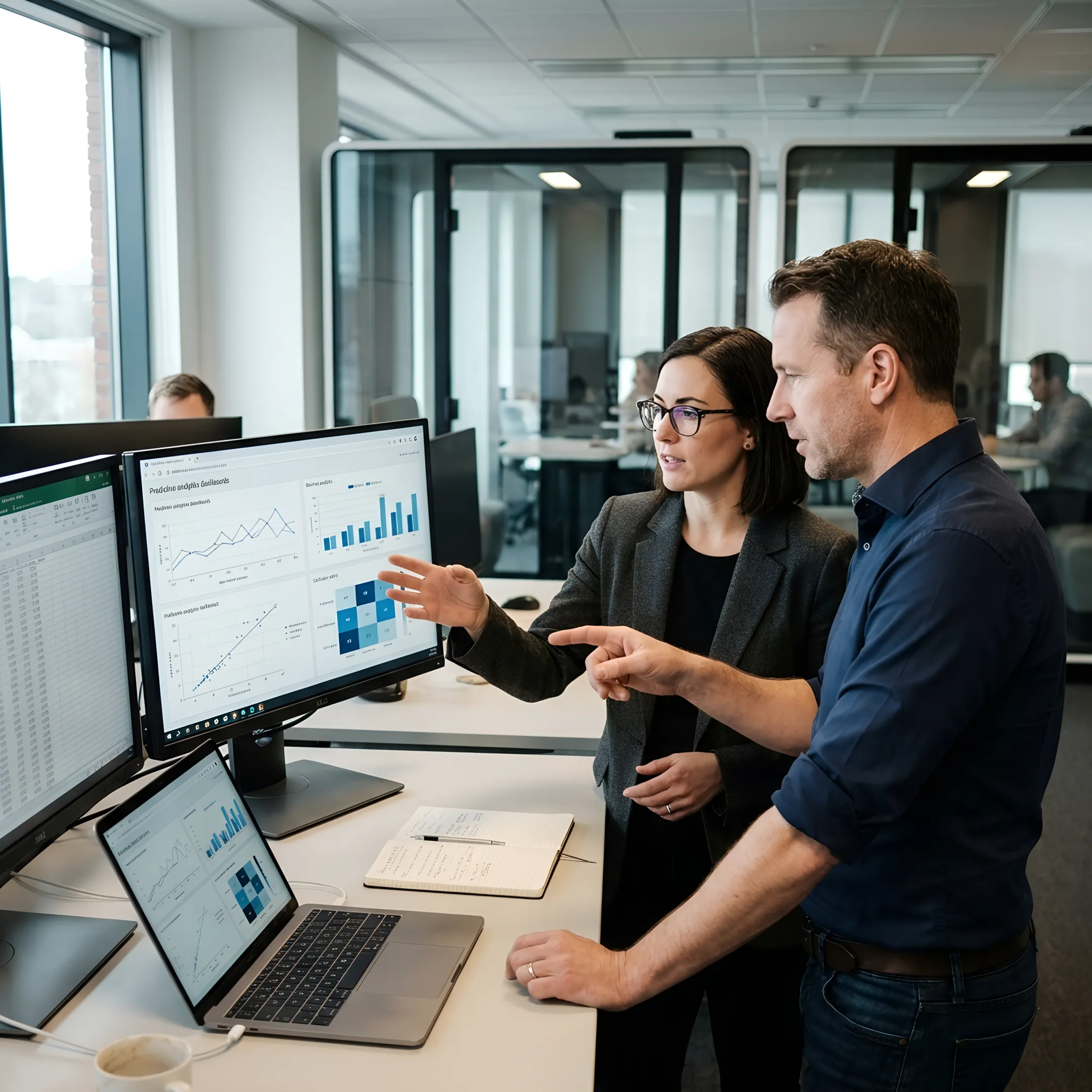 Data scientists reviewing predictive analytics dashboards on large monitors in a modern enterprise office