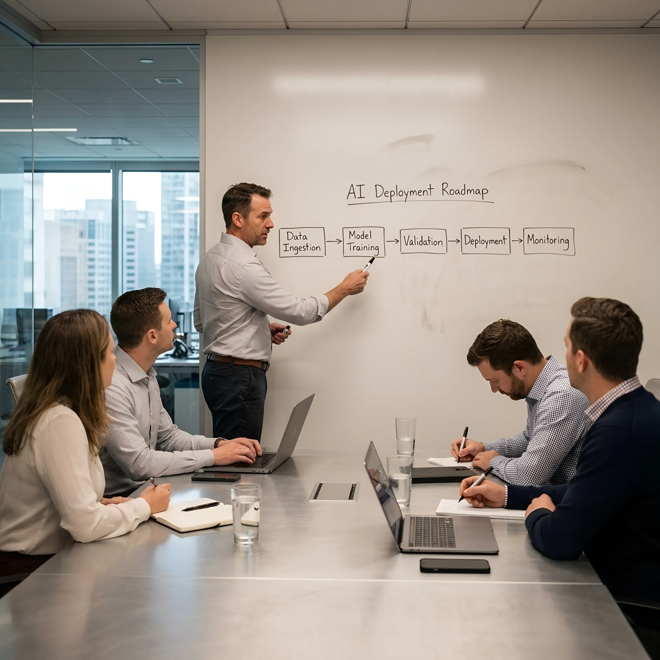 Consultant presenting a predictive analytics model deployment roadmap on a whiteboard to an enterprise team