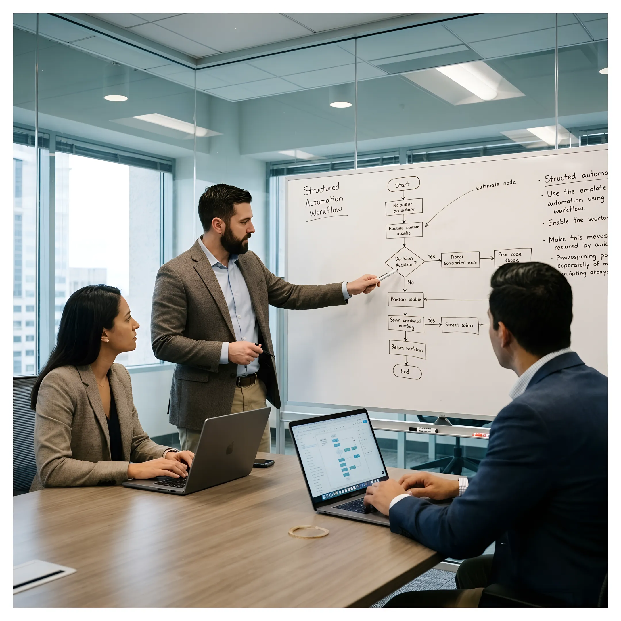 Enterprise automation implementation process with engineers reviewing AI workflow diagrams
