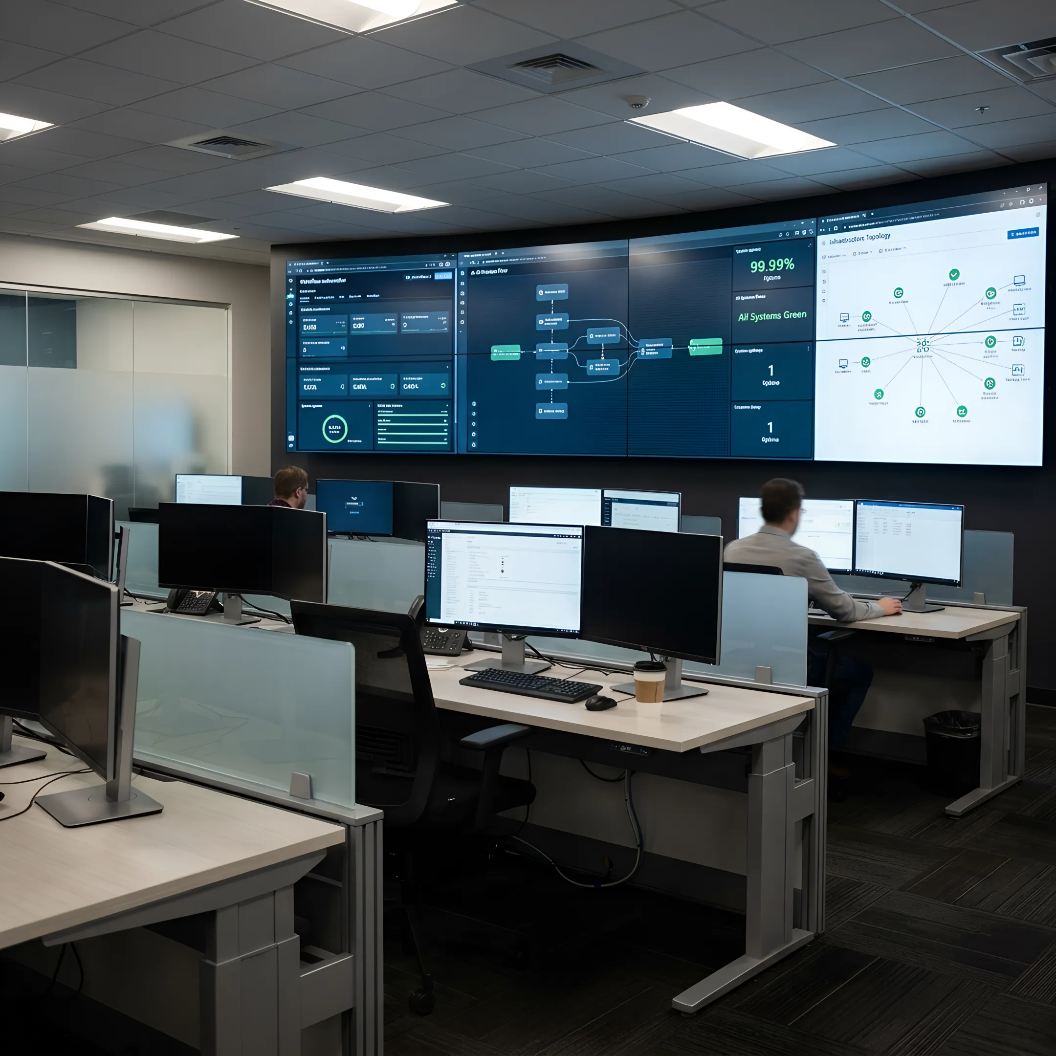 Enterprise automation solutions with AI-driven workflow diagrams on digital screens