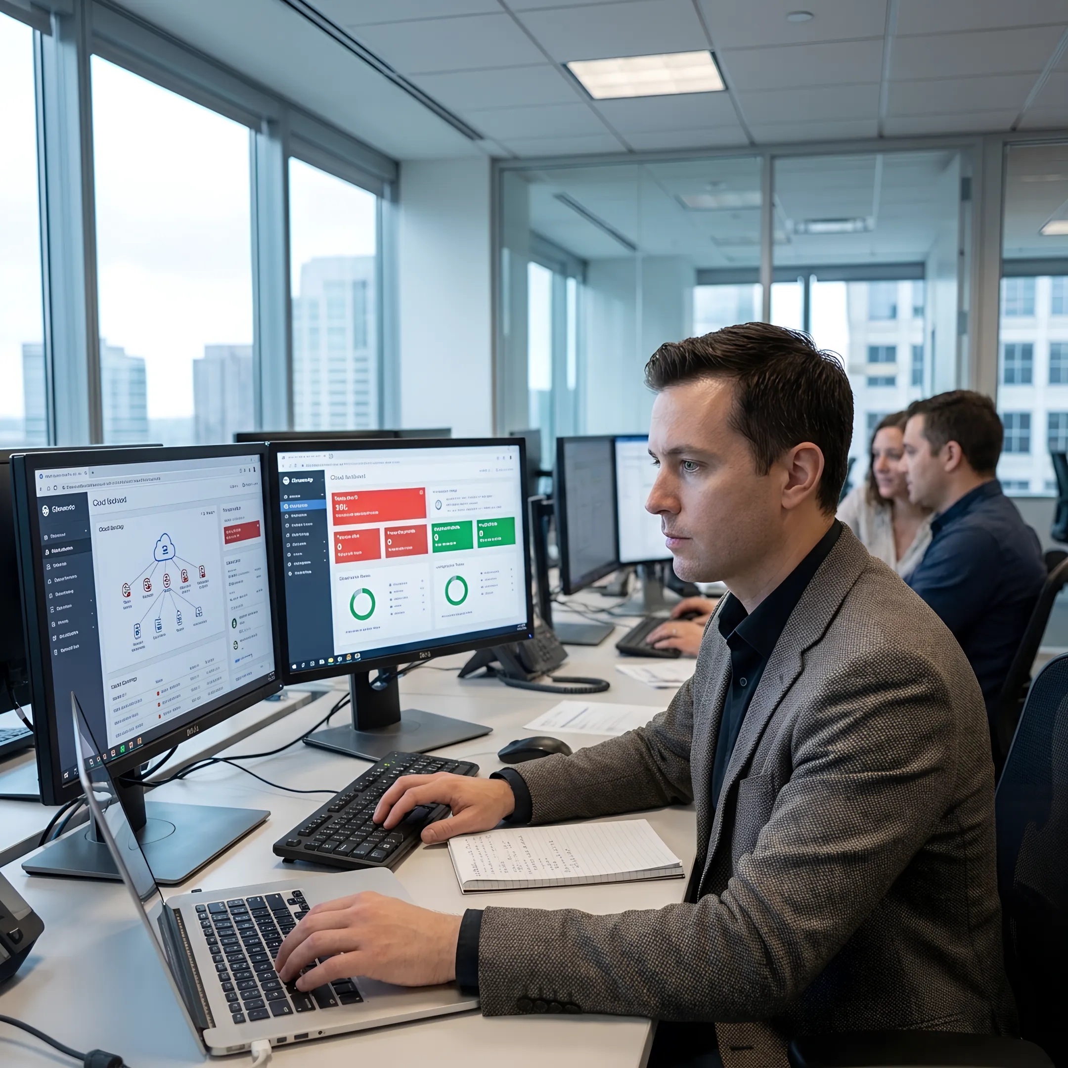 Cloud security consultant reviewing enterprise security architecture on a digital dashboard