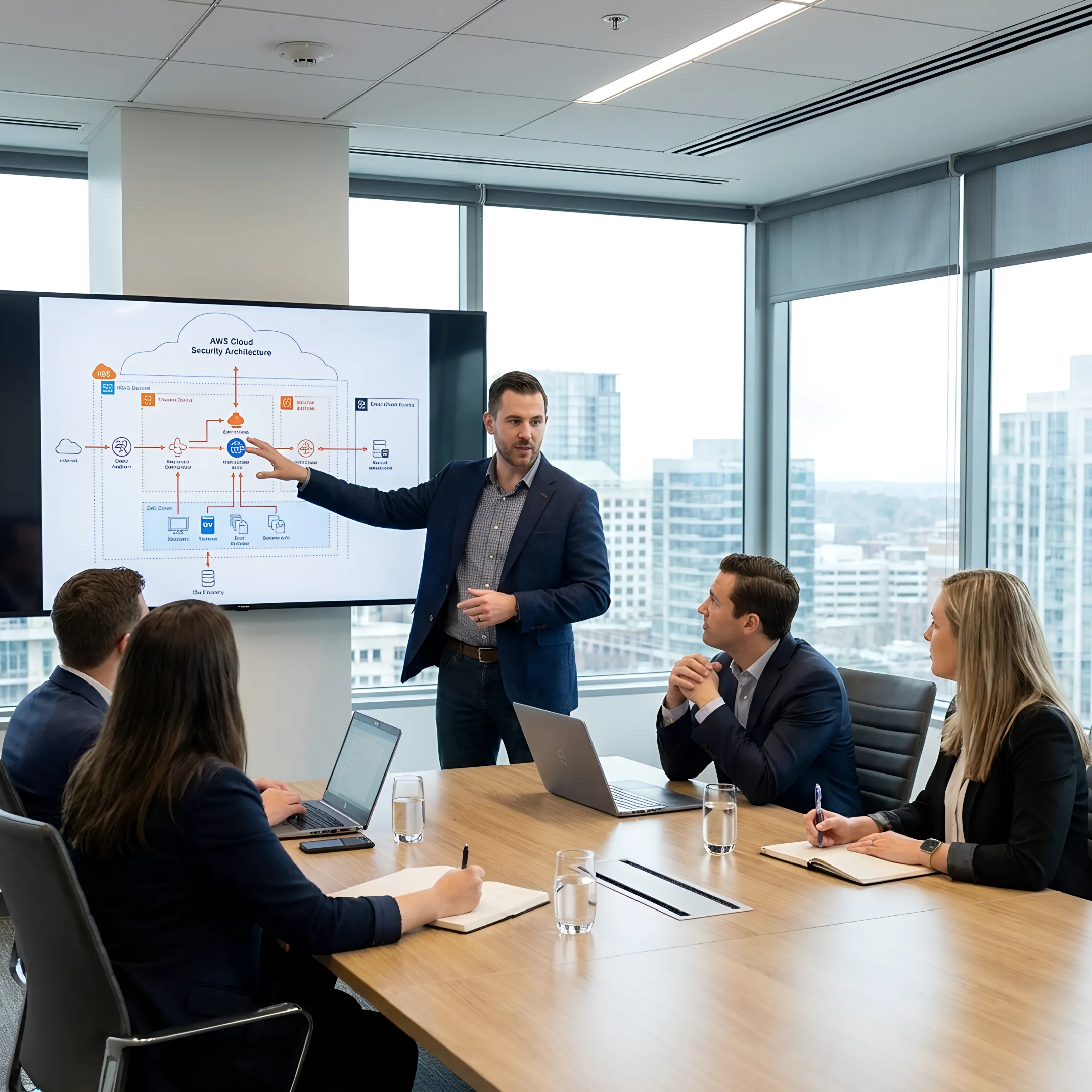 Cloud security expert presenting a layered security architecture diagram to enterprise clients