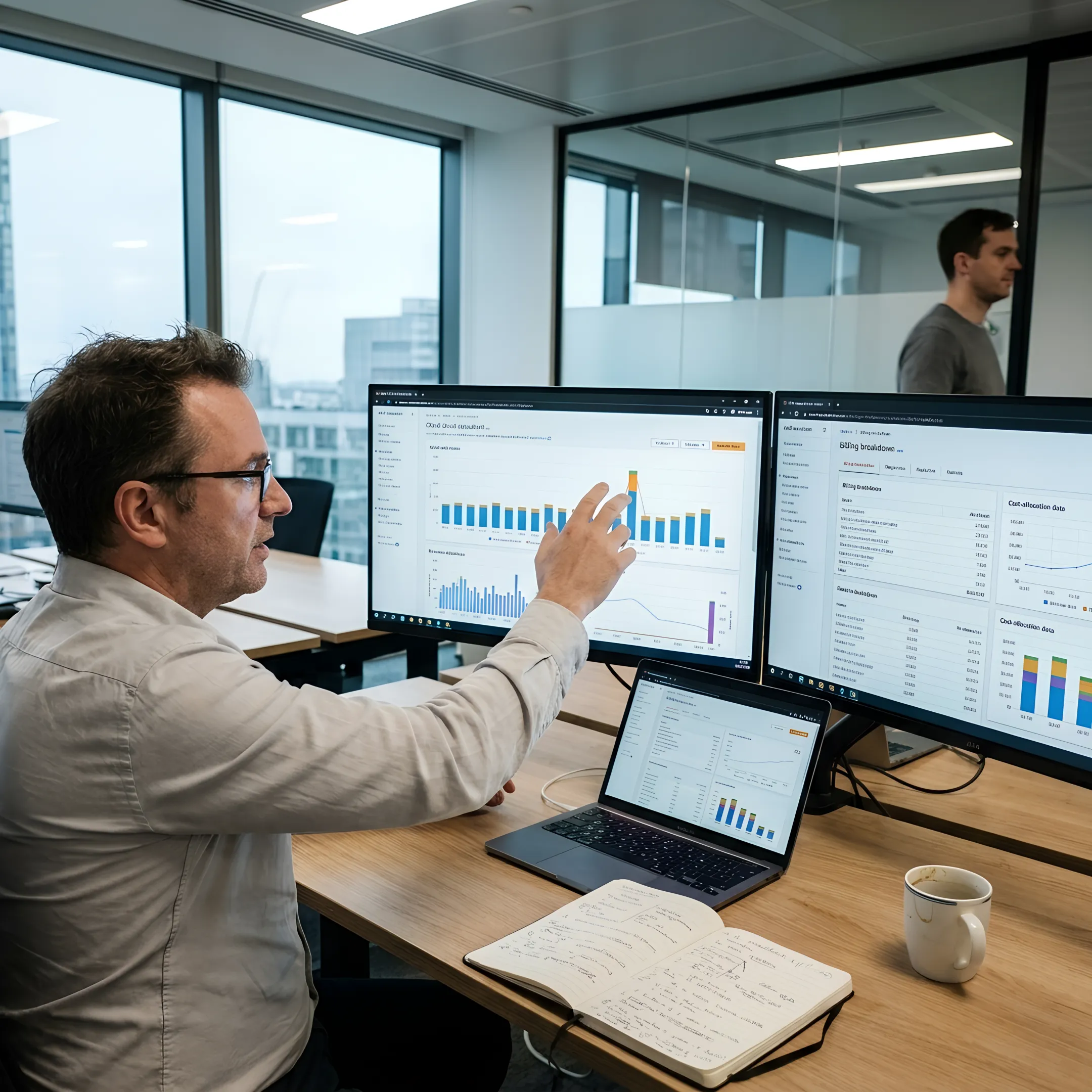 AWS cloud cost optimization consultant reviewing infrastructure spend dashboard