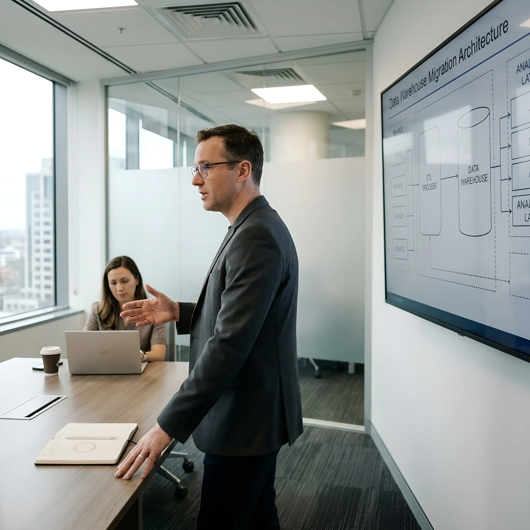 Data warehouse migration consultant reviewing cloud architecture diagrams on a large monitor
