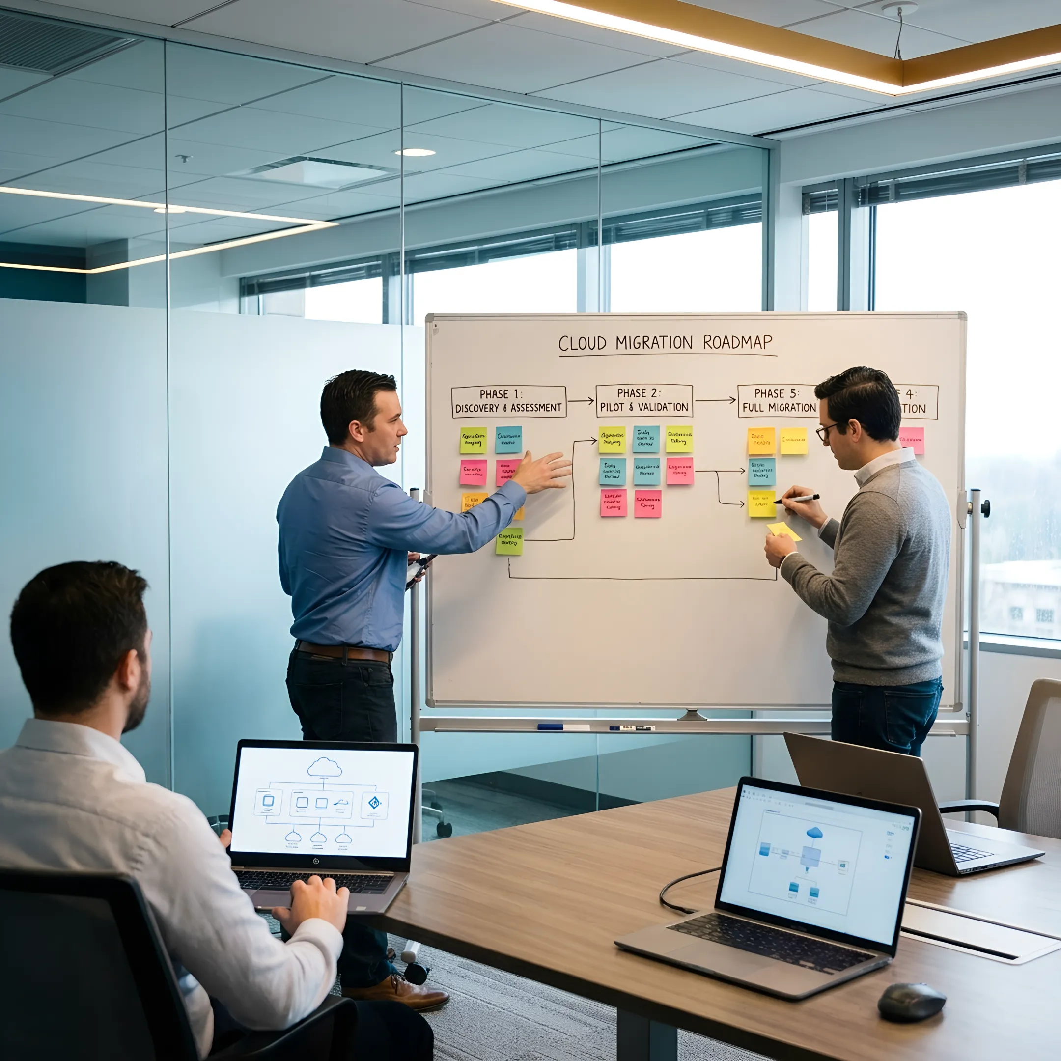 IT consultants executing a step-by-step legacy system migration to cloud infrastructure
