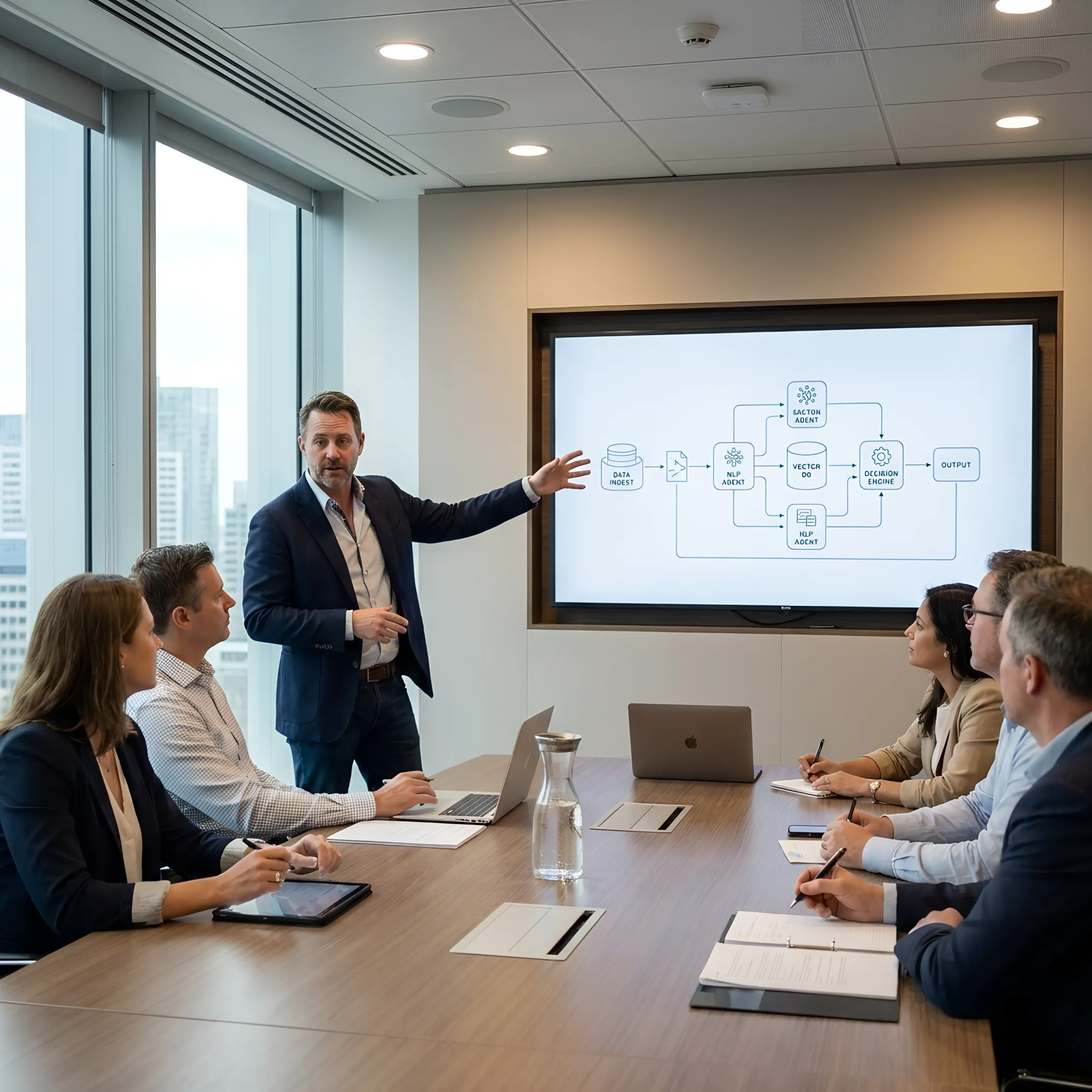 AI consultant presenting agentic AI architecture to enterprise stakeholders