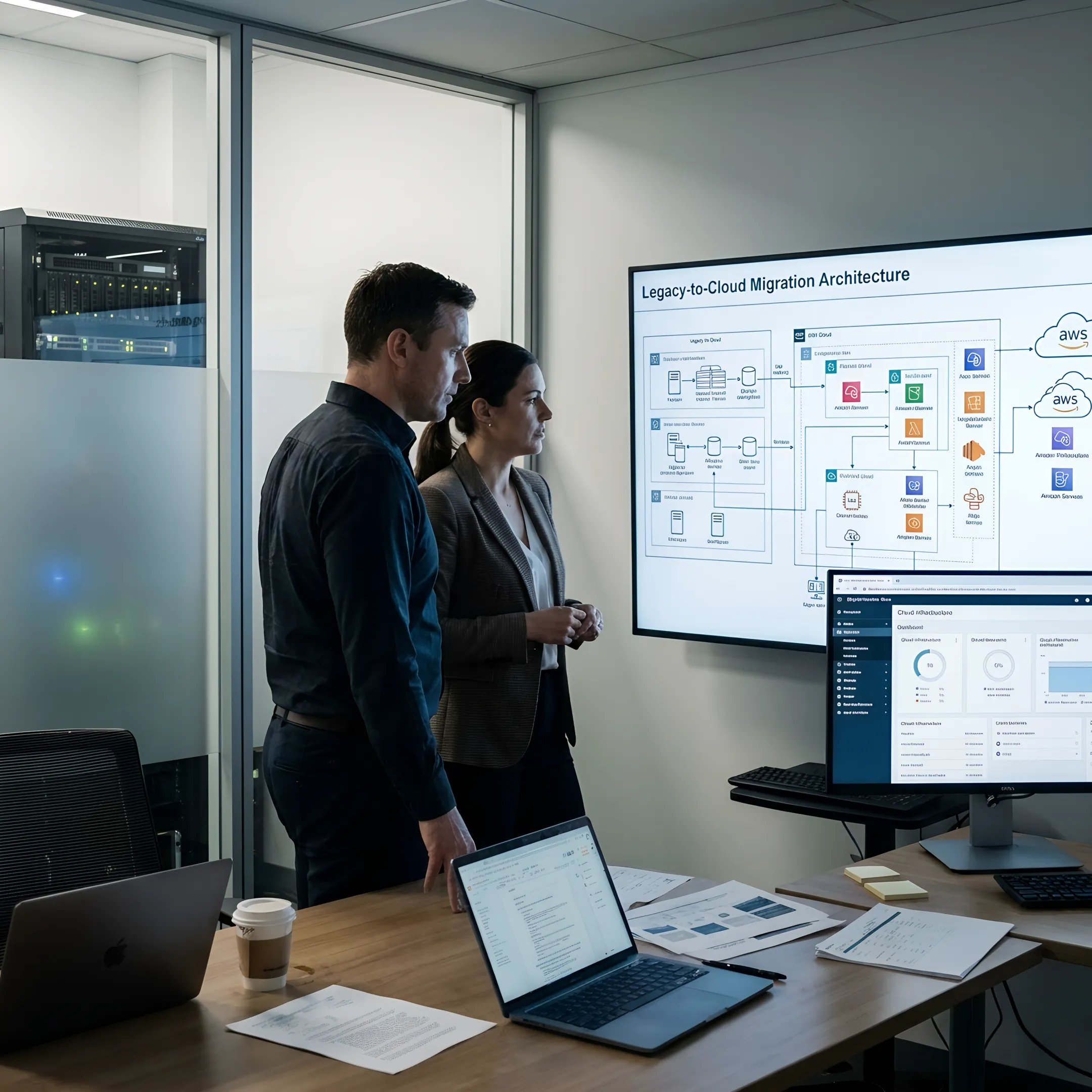 Enterprise consultants reviewing legacy system modernization roadmap on large digital displays