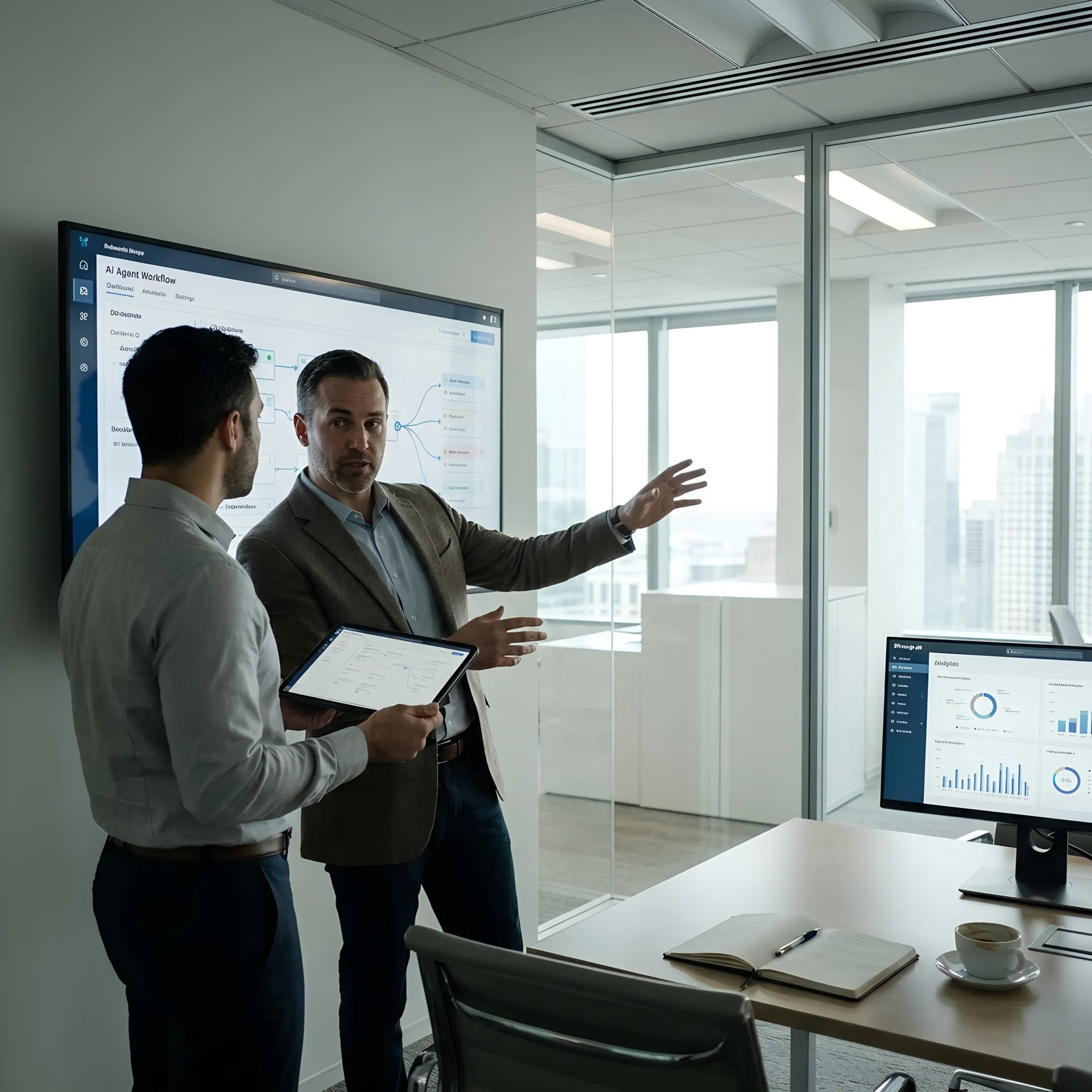 Enterprise team reviewing agentic AI workflow dashboard on large monitor