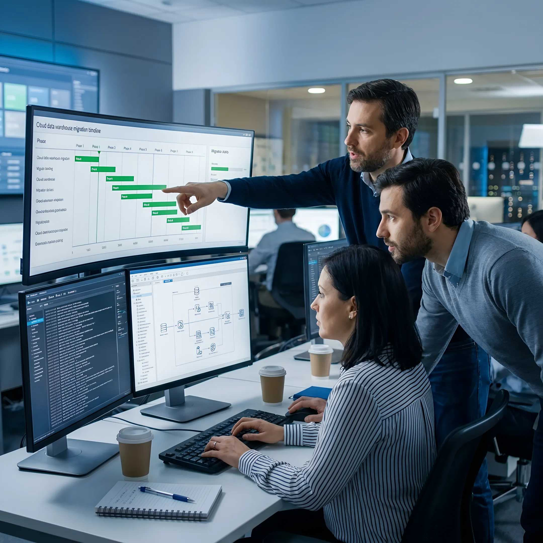 Data engineers executing a phased data warehouse migration using cloud dashboards