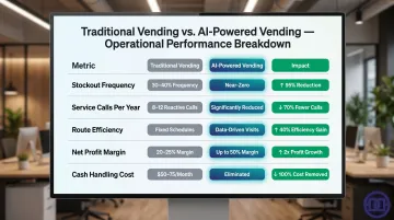 Traditional versus AI-powered vending machine five-metric operational performance comparison chart