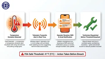 Vending machine remote temperature monitoring alert workflow from fault detection to operator response