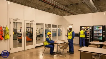 Manufacturing plant break room with vending machines and shift workers resting