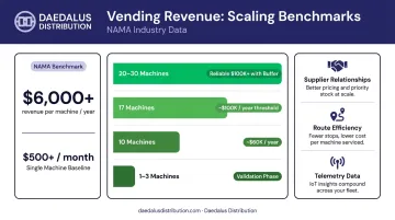 Vending machine revenue benchmarks showing machines needed to reach 100K annually
