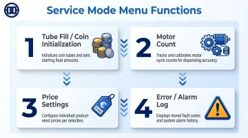 Vending machine service mode menu navigation four core functions flowchart
