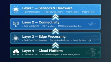 Four-layer IoT smart vending machine architecture stack diagram