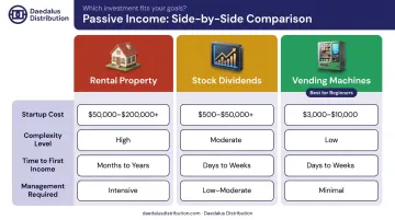 Vending machines versus rental property and stocks passive income comparison infographic