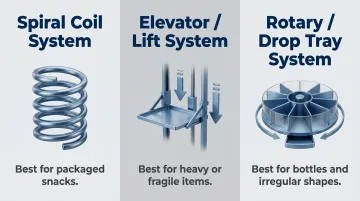 three vending machine dispensing mechanism types spiral elevator and rotary comparison