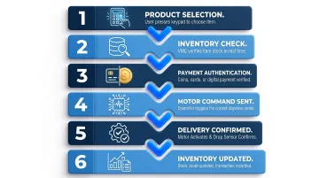 6-step vending machine transaction sequence from product selection to sale logged