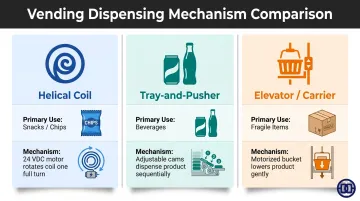 Three vending machine dispensing mechanisms comparison chart helical coil tray elevator